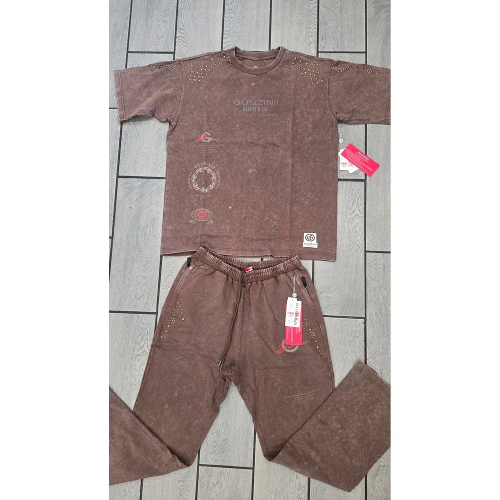 Gunzinii Denim & Co Mens 2XL Brown Mineral Wash Studded T-Shirt and Joggers Set